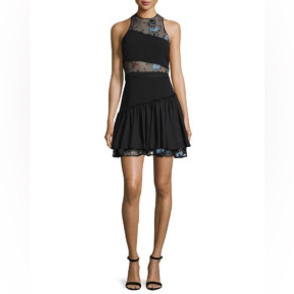 cinq a sept cutout illusion mini dress black blue floral cocktail wedding guest